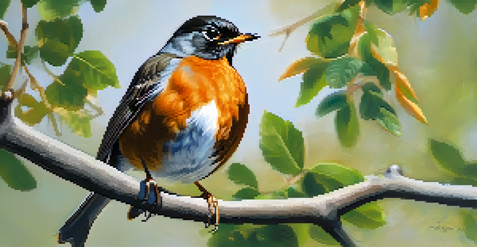 A close-up of an American Robin perched on a branch with soft green foliage in the background.