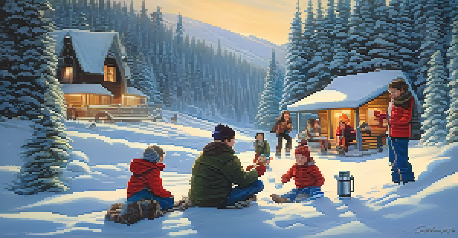 A family enjoying hot cocoa during a snowshoeing break in a snowy landscape.