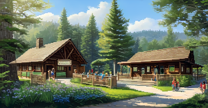 A scenic view of Big Bear's Nature Center with a wooden building, surrounded by trees and visitors exploring interactive exhibits.