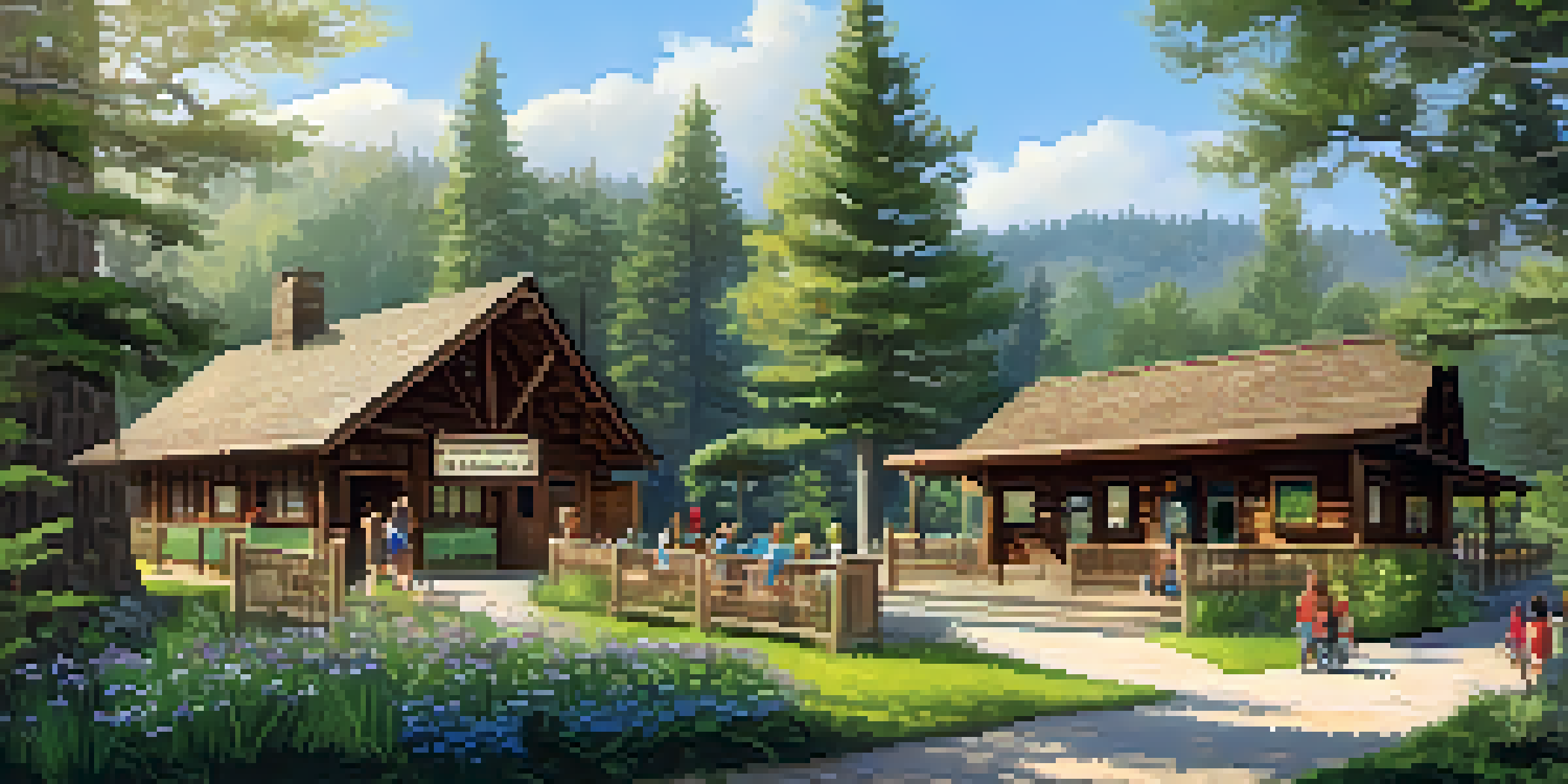 A scenic view of Big Bear's Nature Center with a wooden building, surrounded by trees and visitors exploring interactive exhibits.