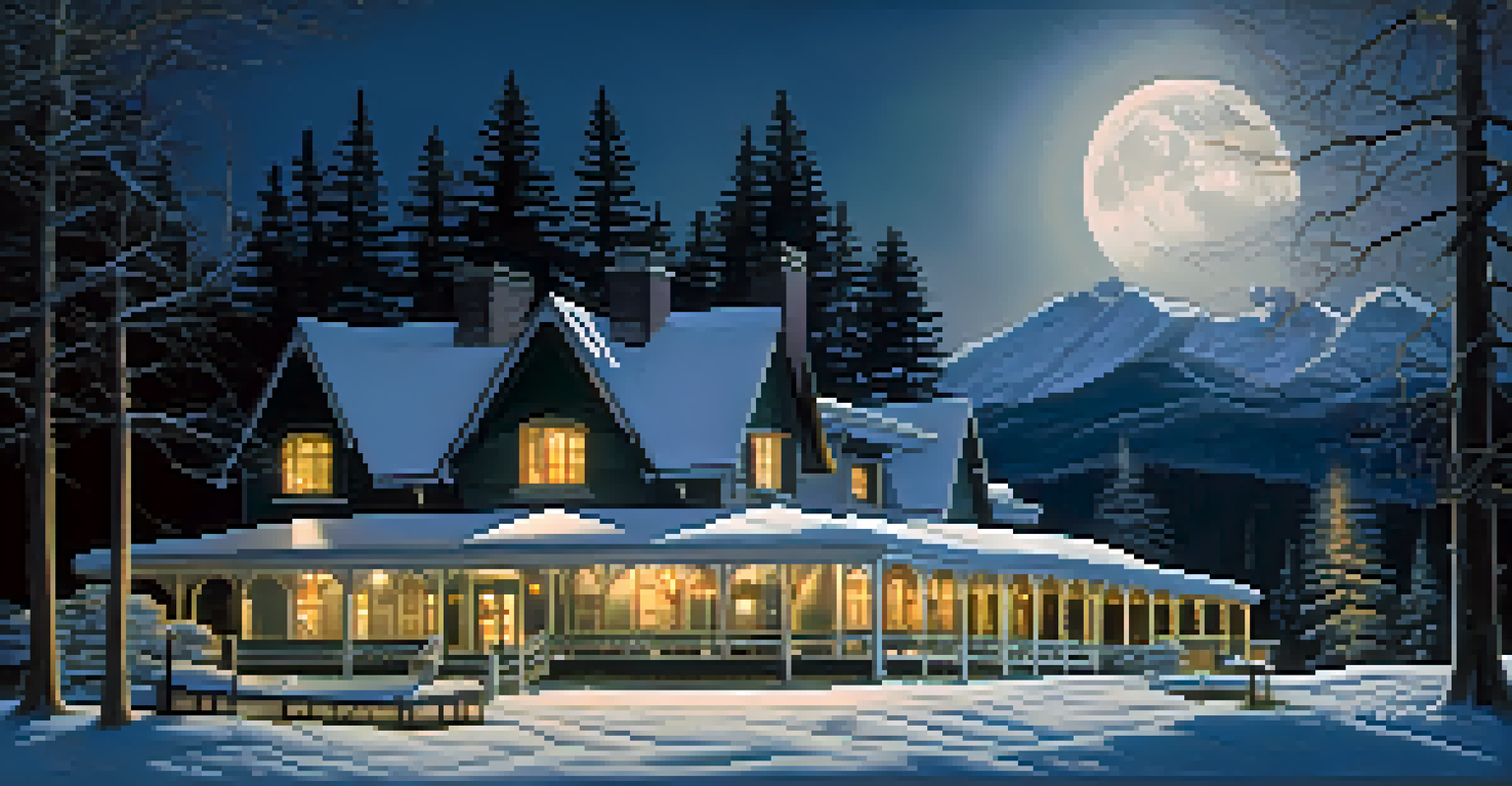 A moonlit scene of an inn with a shadowy figure in white walking among trees, illuminated by a bright full moon.