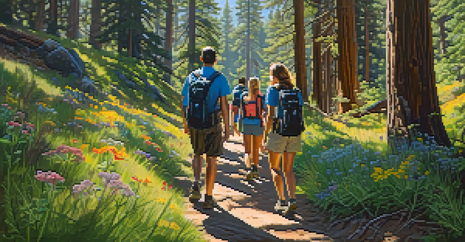 A group of friends hiking in a vibrant forest, surrounded by trees and wildflowers.