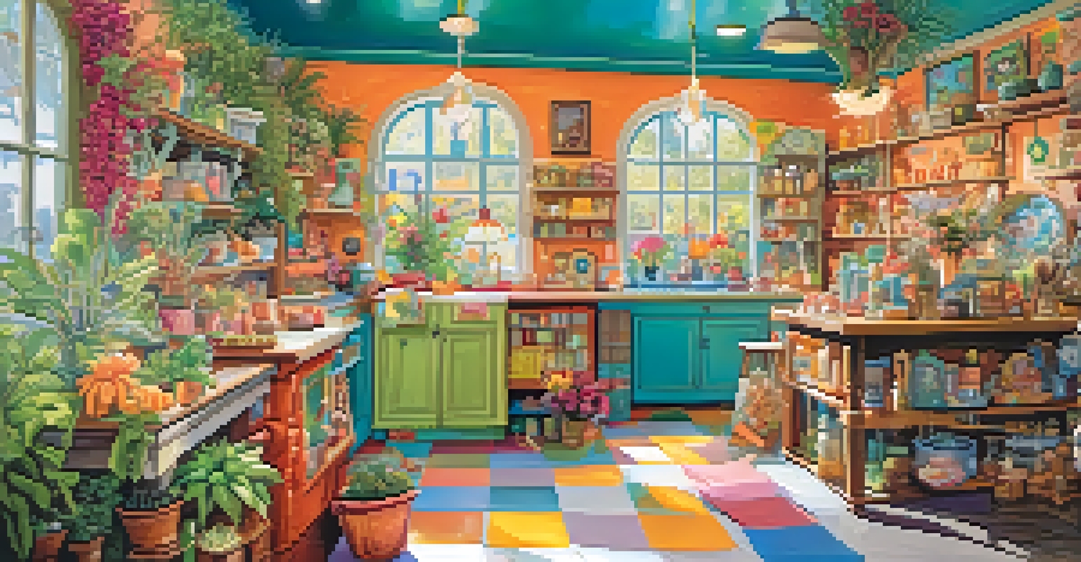 A whimsical decor shop corner filled with colorful accents, quirky knick-knacks, and vibrant decorations in a cheerful atmosphere.