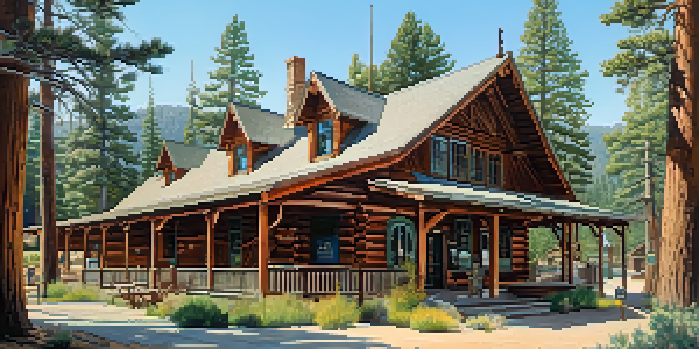 The exterior of the Big Bear Historical Museum with tall pine trees and a bright sky, showcasing a rustic wooden building and visitors approaching the entrance.