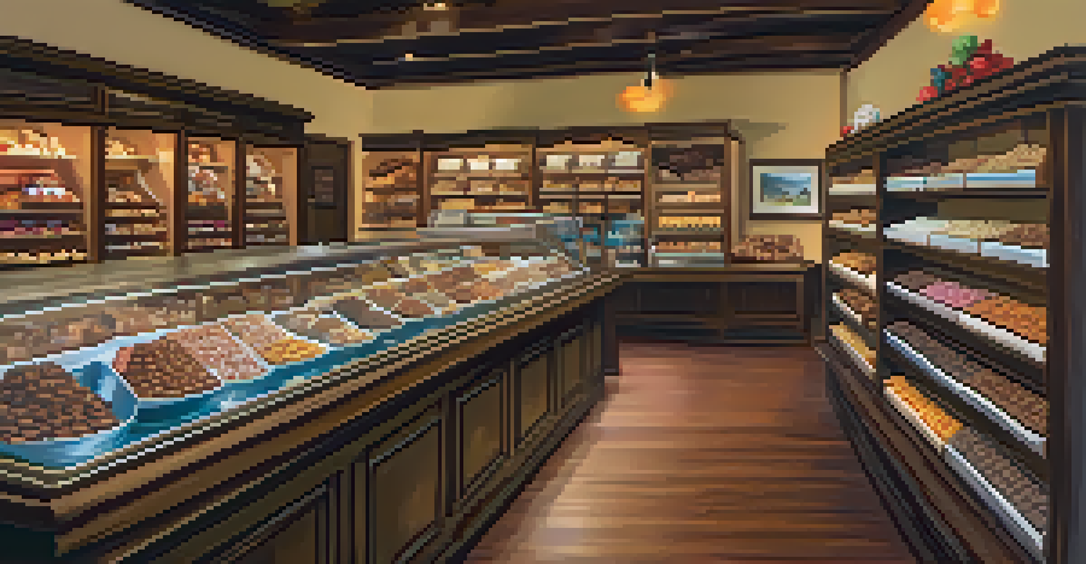 A delightful dessert shop in Big Bear filled with colorful chocolates and treats, featuring a cozy ambiance and happy customers.