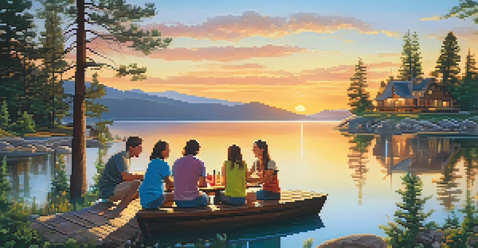 A family barbecue by the lake with a picnic table, enjoying a sunset, showcasing a vibrant and festive atmosphere.