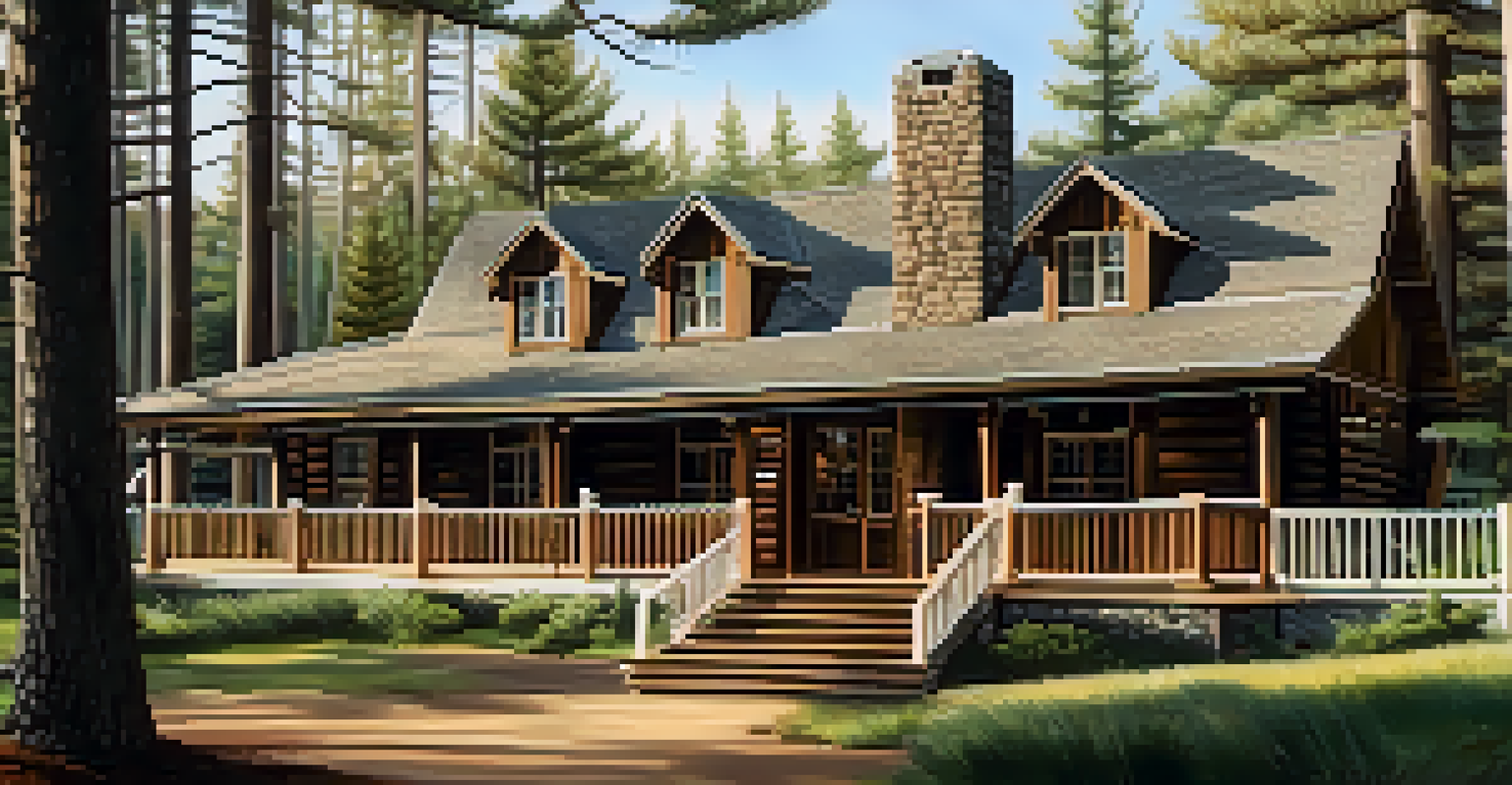 Exterior view of the historic Fox Farm Lodge surrounded by pine trees, with a welcoming front porch and soft sunlight filtering through.