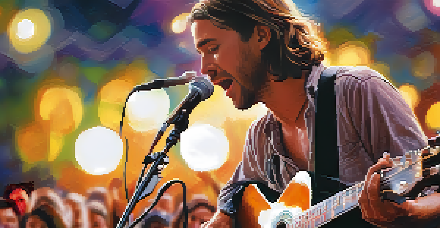 A musician performing on stage, passionately playing an acoustic guitar with sunlight illuminating their face.