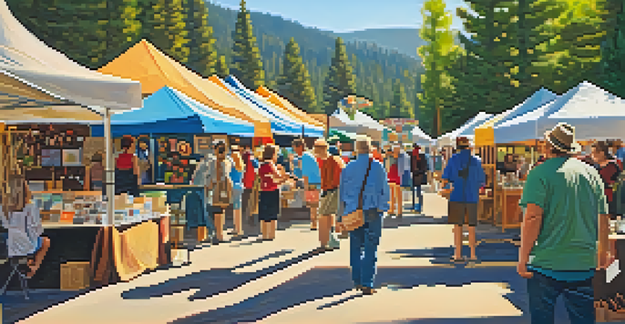 An outdoor artisan craft fair in Big Bear with colorful booths and handmade crafts, surrounded by mountains and greenery.