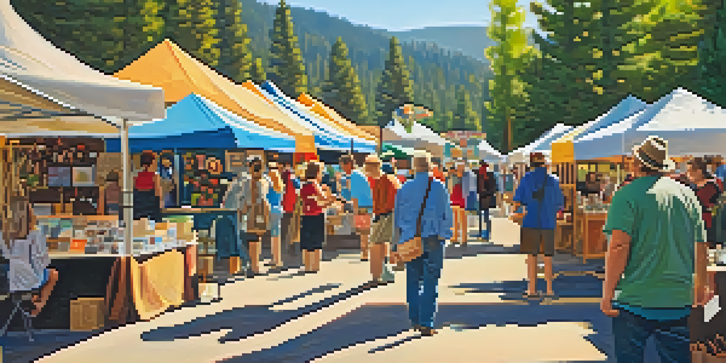 An outdoor artisan craft fair in Big Bear with colorful booths and handmade crafts, surrounded by mountains and greenery.