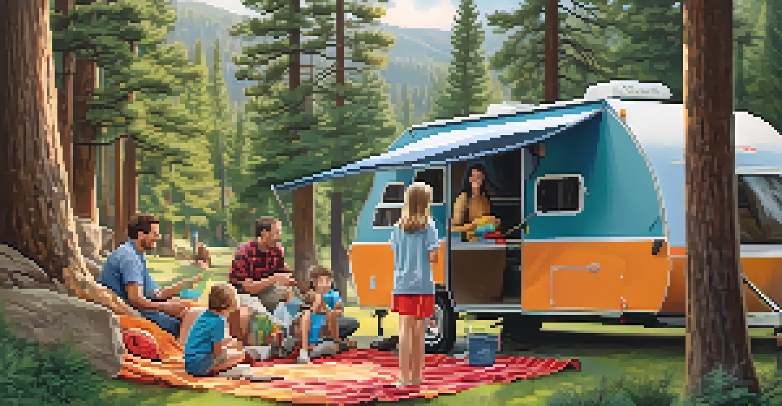 A family camping in Big Bear, with children playing near a playground and parents setting up a picnic area amidst green trees.