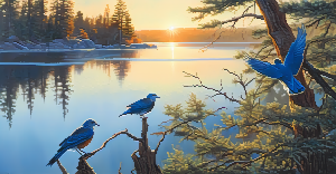 A peaceful morning at Big Bear Lake with birds on branches and a Bald Eagle flying in the sky.