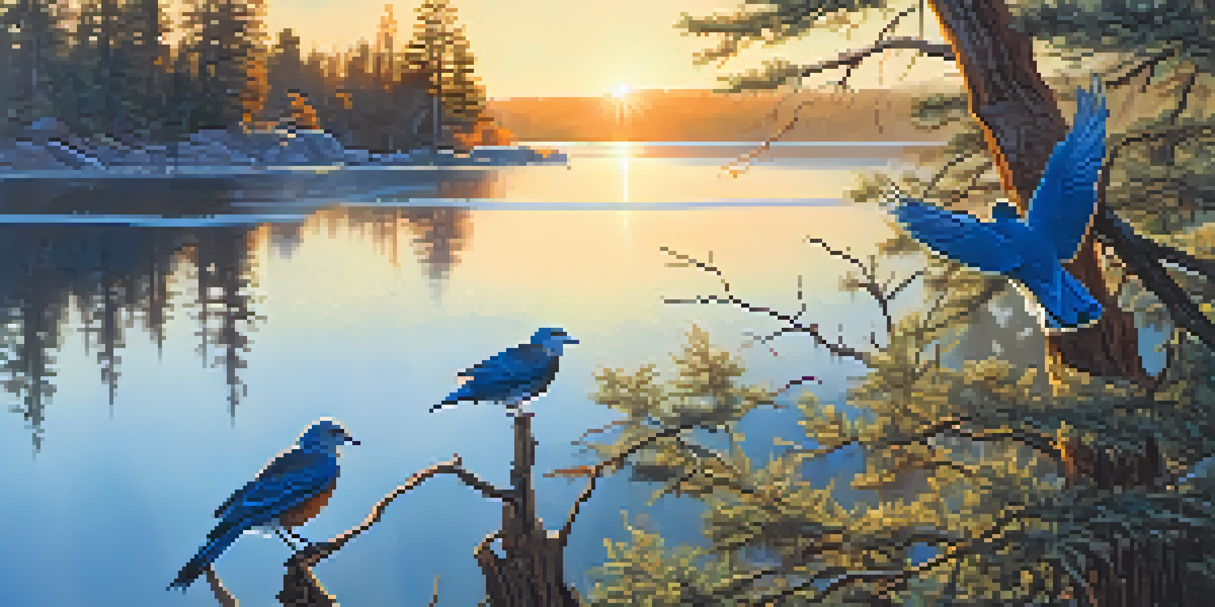 A peaceful morning at Big Bear Lake with birds on branches and a Bald Eagle flying in the sky.