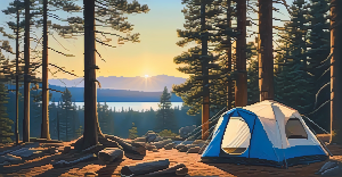 A colorful camping tent in Big Bear, surrounded by pine trees at sunrise, with a small campfire nearby.