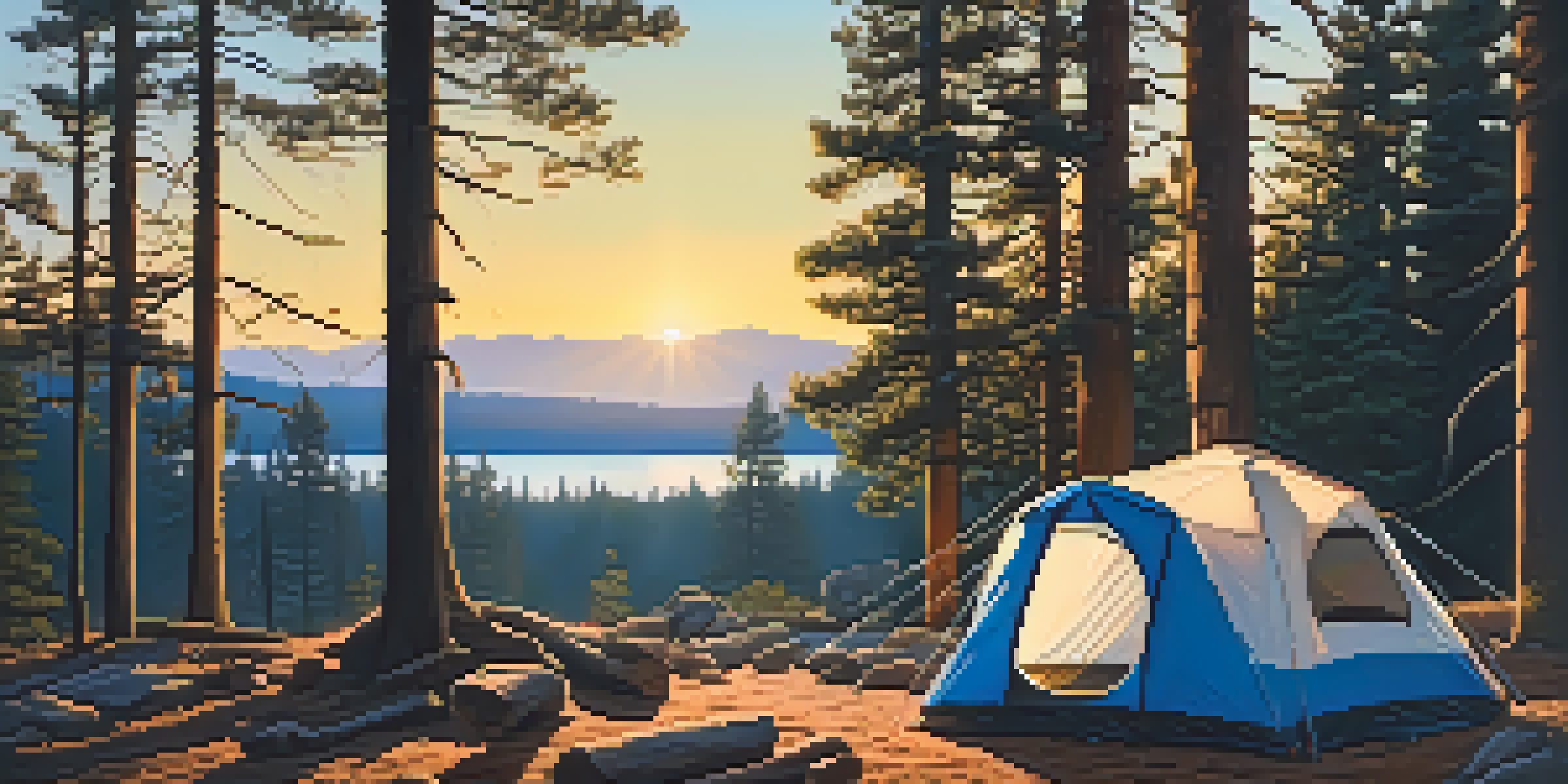 A colorful camping tent in Big Bear, surrounded by pine trees at sunrise, with a small campfire nearby.