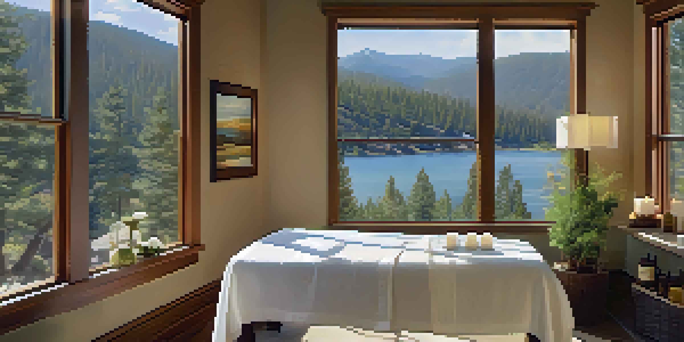 A calming spa room with a massage table, candles, and a view of mountains outside.