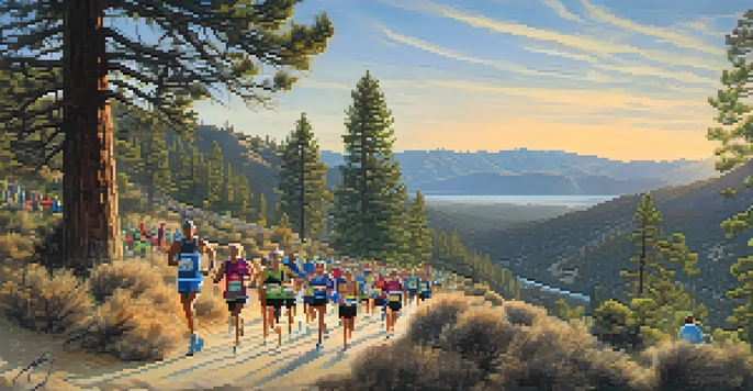 A panoramic view of the Big Bear Marathon with runners on a mountain trail, spectators cheering, and Big Bear Lake in the background.