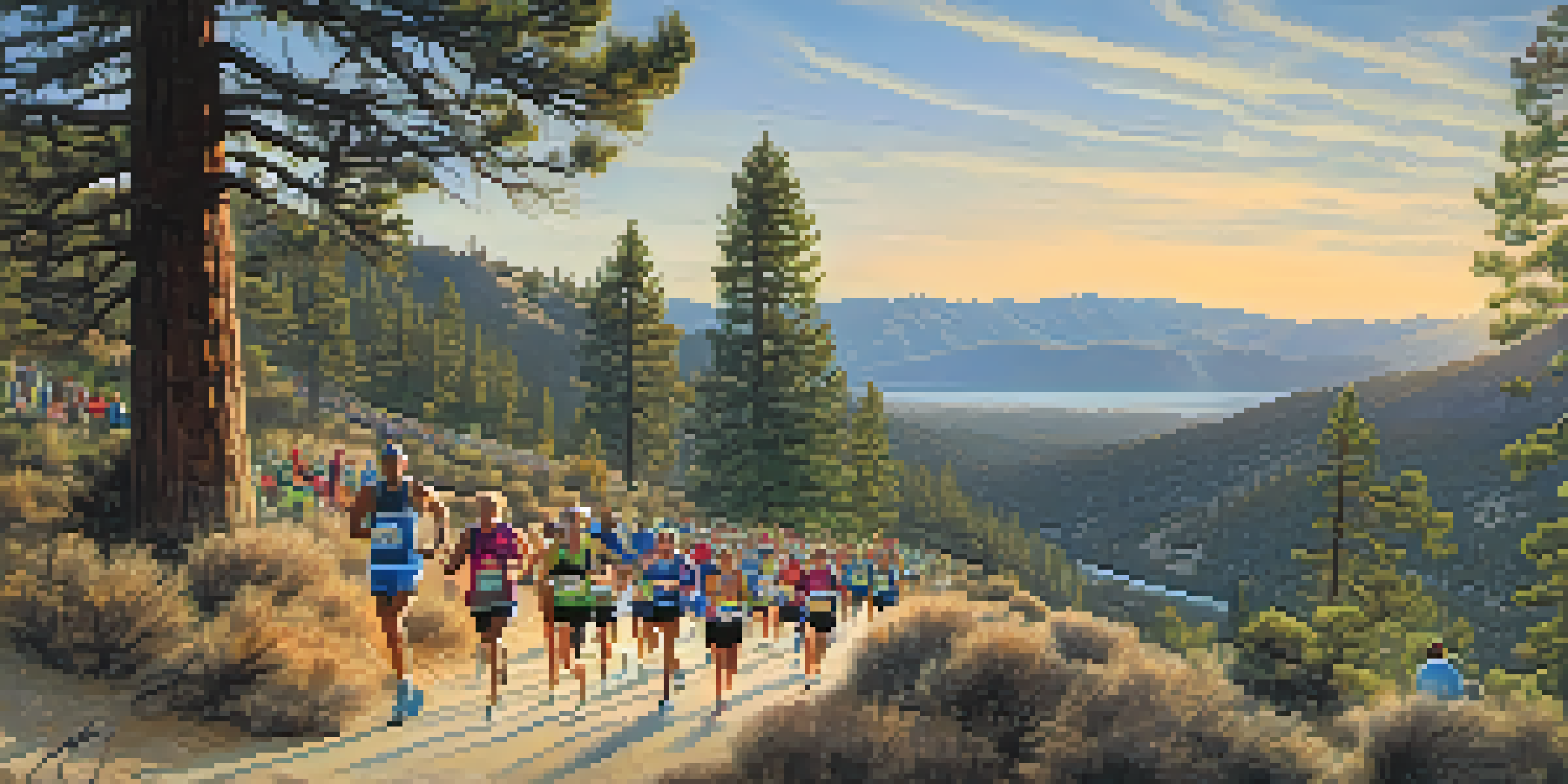 A panoramic view of the Big Bear Marathon with runners on a mountain trail, spectators cheering, and Big Bear Lake in the background.