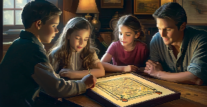 A family working together to solve puzzles in a cozy escape room, with warm lighting and themed decorations.