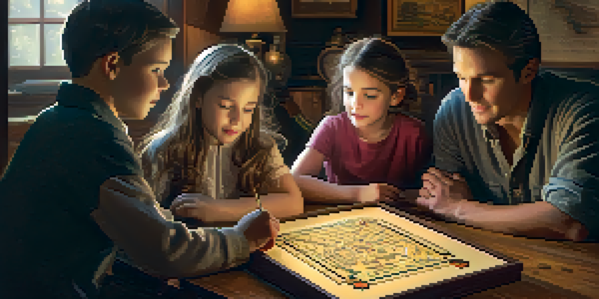 A family working together to solve puzzles in a cozy escape room, with warm lighting and themed decorations.