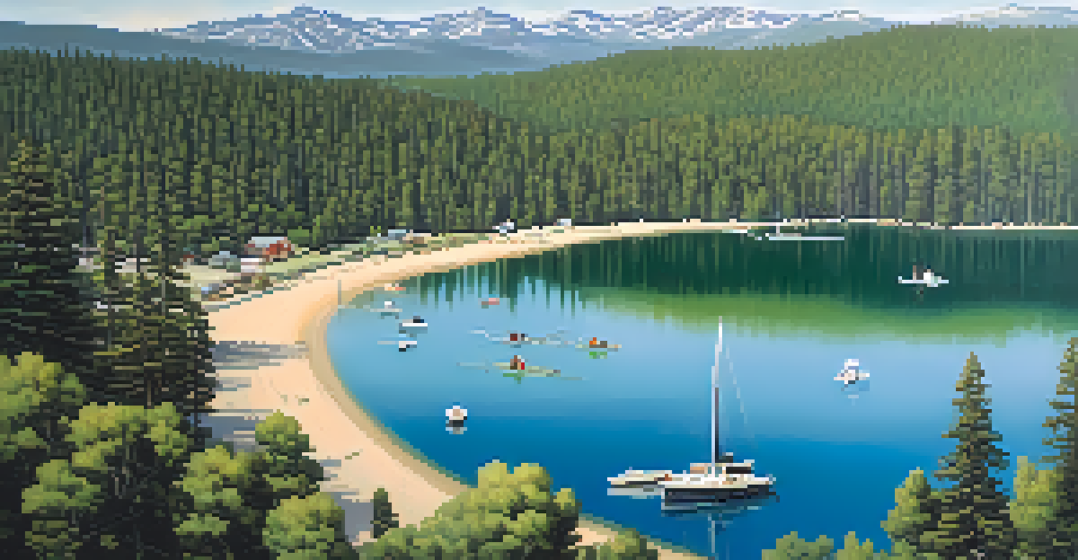 An aerial view of the North Shore of Big Bear Lake with lush greenery, boats on the water, and mountains in the background.