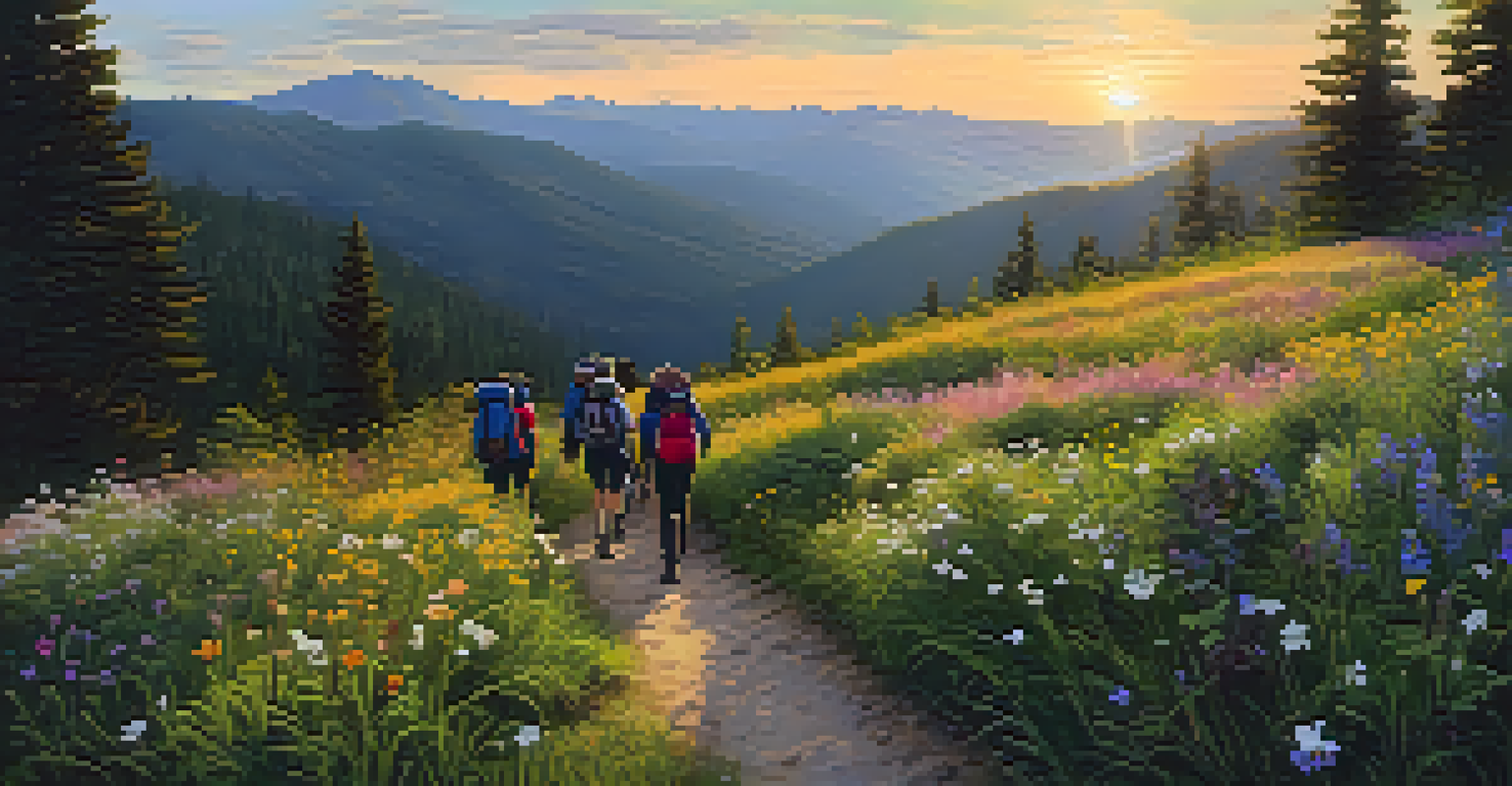 Hikers walking on a narrow trail surrounded by flowers and greenery during sunset.