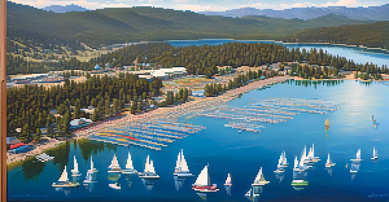 Aerial view of Big Bear Lake featuring lush forests and a vibrant music festival area with colorful tents and attendees under the sunlight.