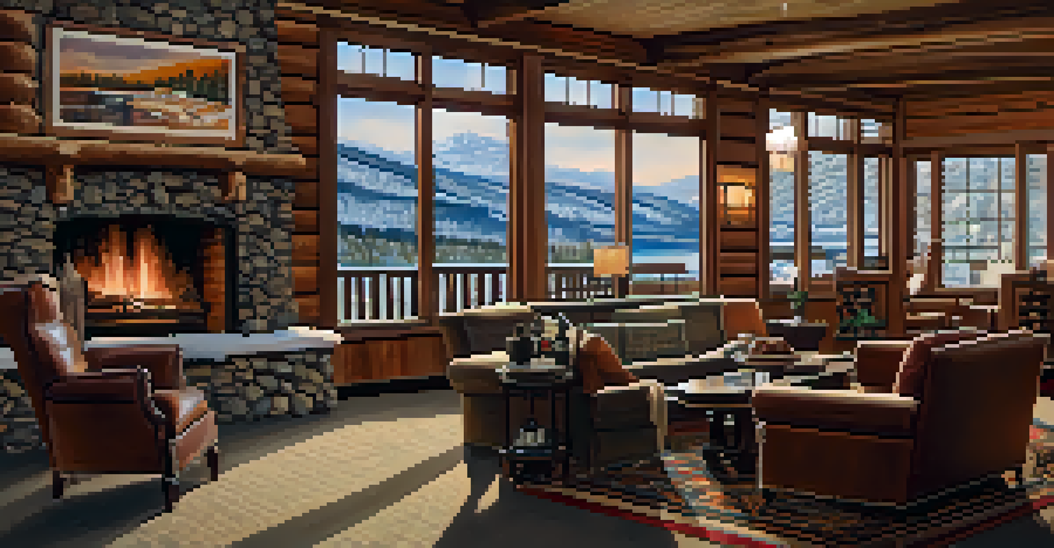 The cozy interior of a hotel with a fireplace and vintage furnishings, showing a view of snowy mountains through a large window.