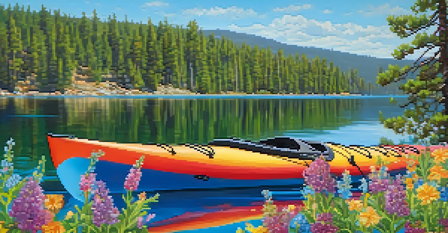 A colorful kayak on a clear blue lake, with blooming wildflowers along the shore and a sunny sky above.