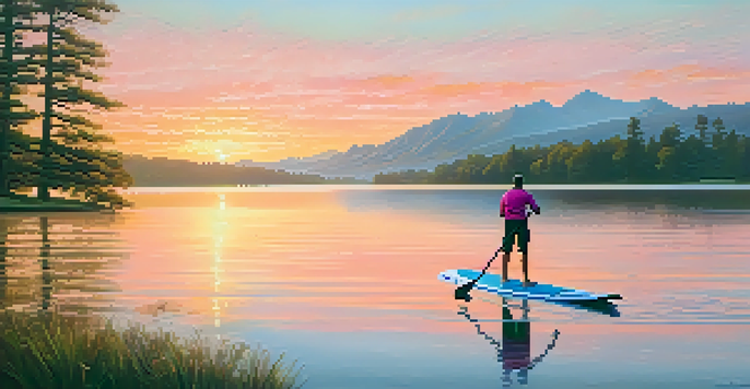 A paddleboarder on a calm lake at sunrise, surrounded by trees and mountains, with a colorful sky reflecting on the water.