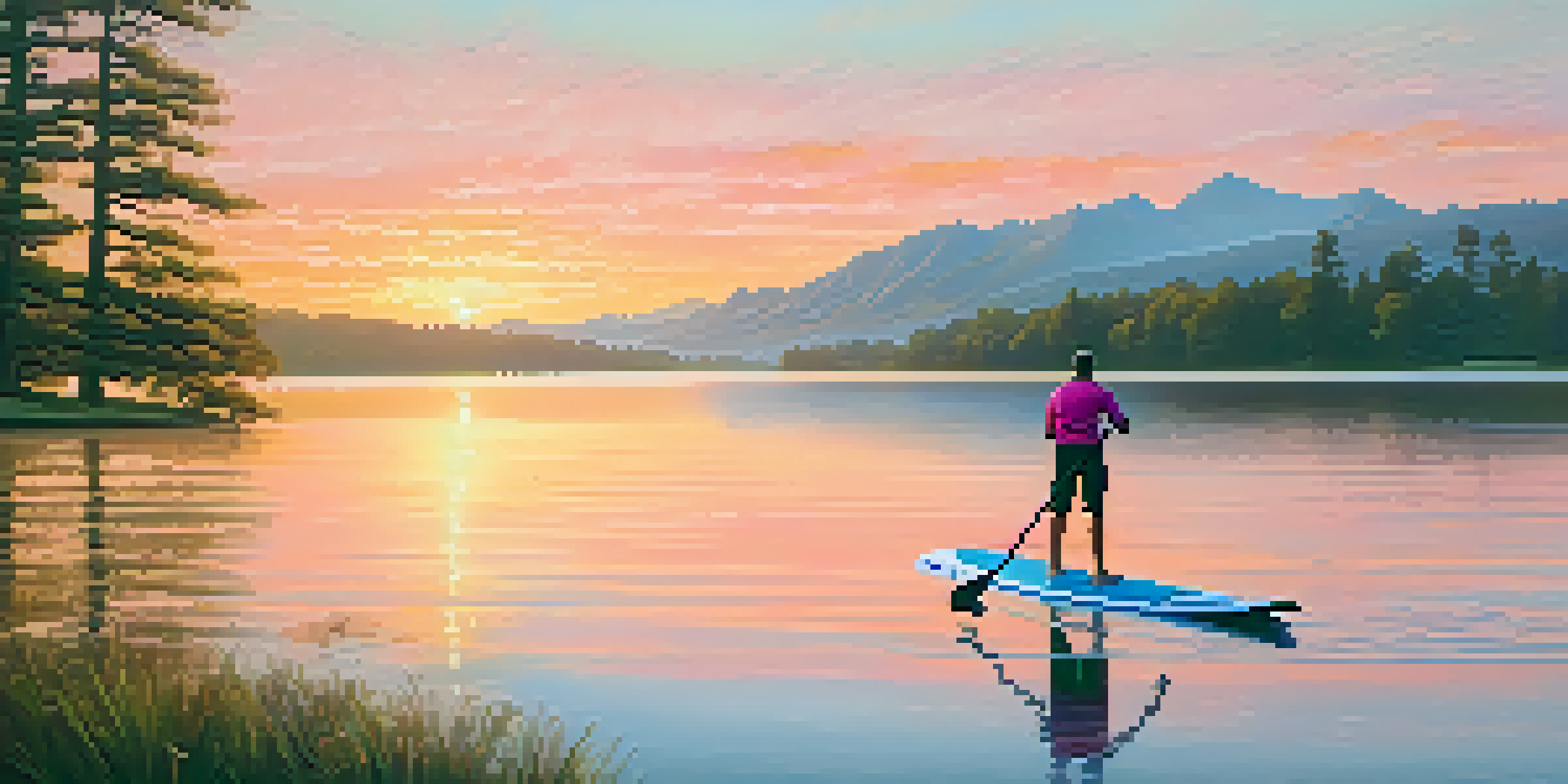 A paddleboarder on a calm lake at sunrise, surrounded by trees and mountains, with a colorful sky reflecting on the water.