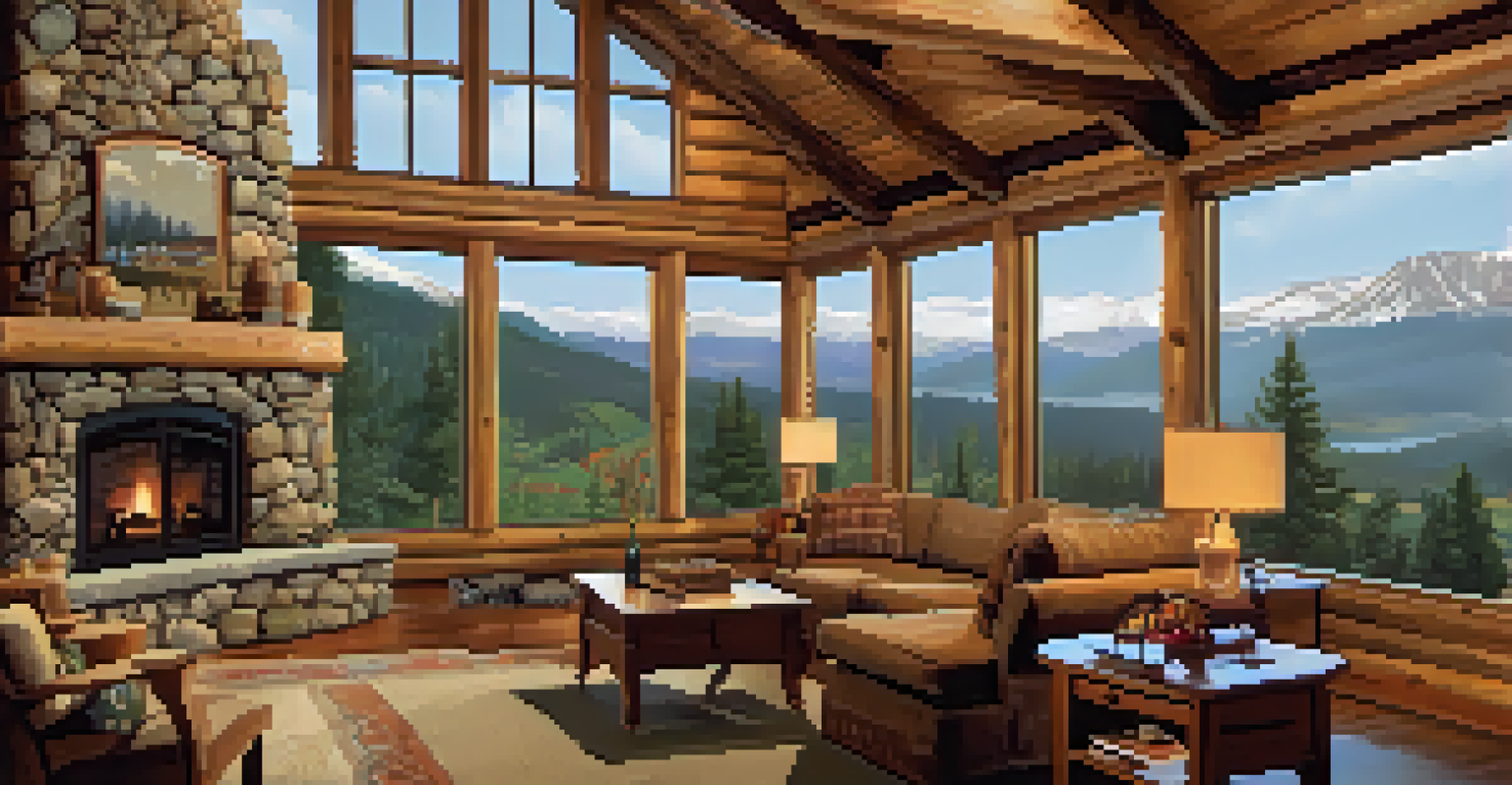 The interior of a Big Bear cabin featuring a cozy living room with a stone fireplace and large windows overlooking the mountains.
