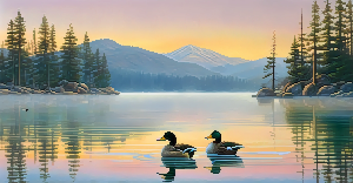 A peaceful sunrise over Big Bear Lake, featuring ducks in the foreground and mountains in the background, with colorful sky reflections on the water.