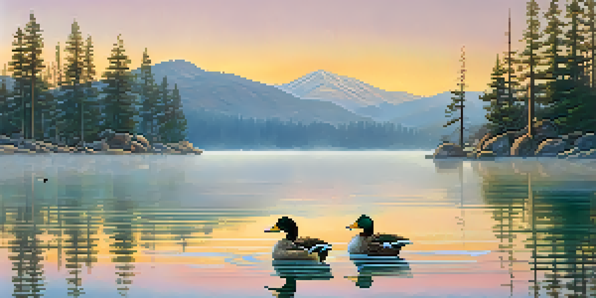 A peaceful sunrise over Big Bear Lake, featuring ducks in the foreground and mountains in the background, with colorful sky reflections on the water.