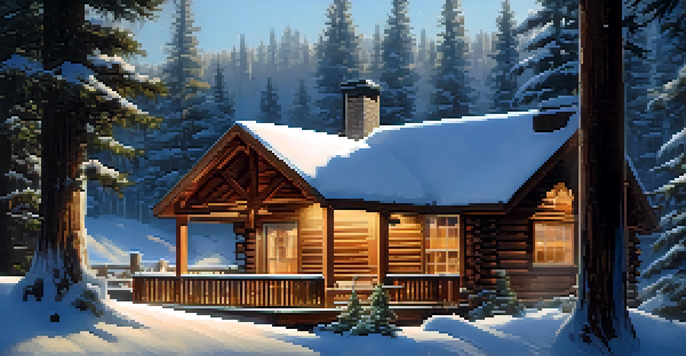 A winter cabin in Big Bear, surrounded by snow and evergreen trees, with warm light glowing from windows and a hot tub on the deck.