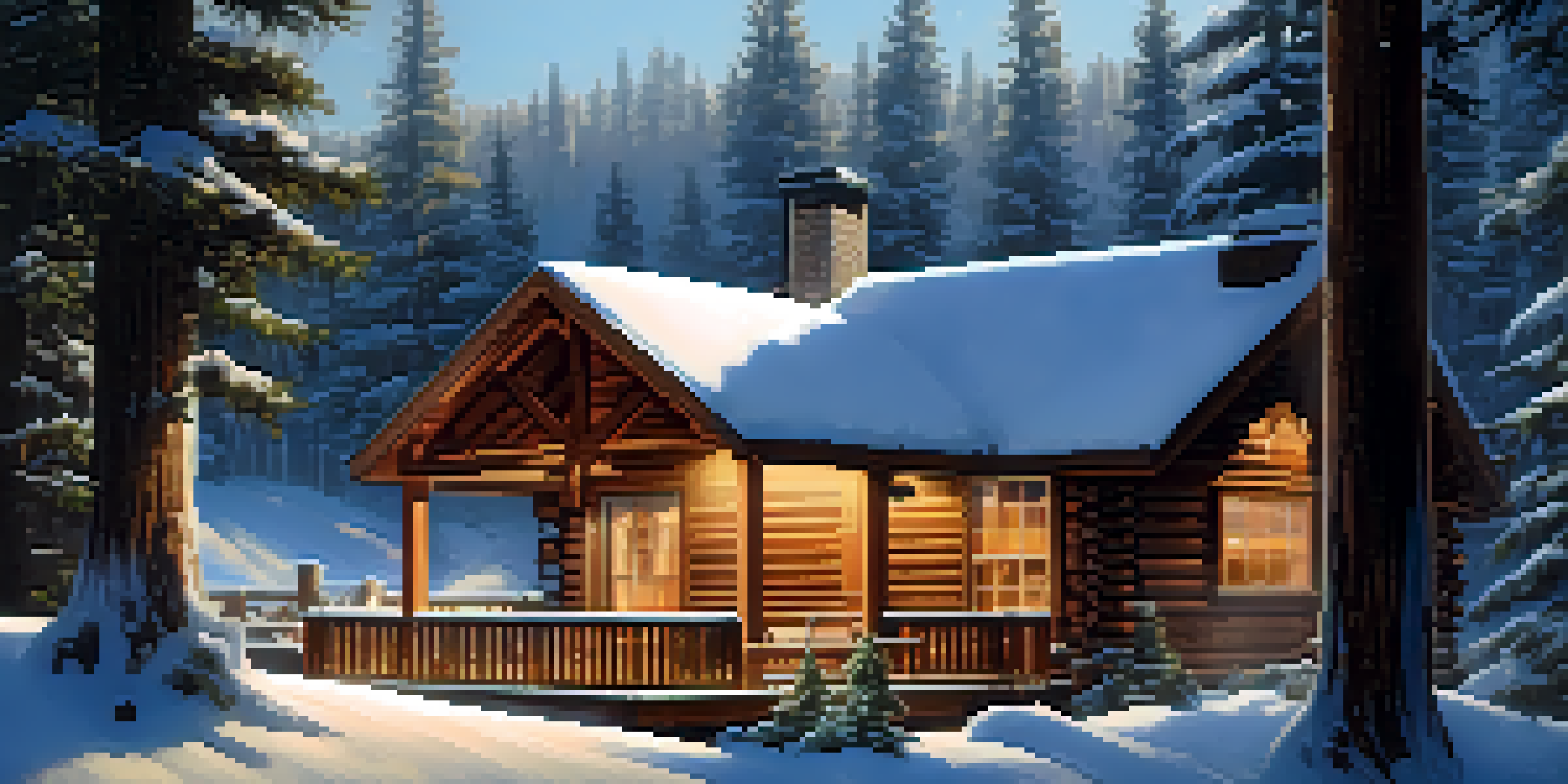 A winter cabin in Big Bear, surrounded by snow and evergreen trees, with warm light glowing from windows and a hot tub on the deck.