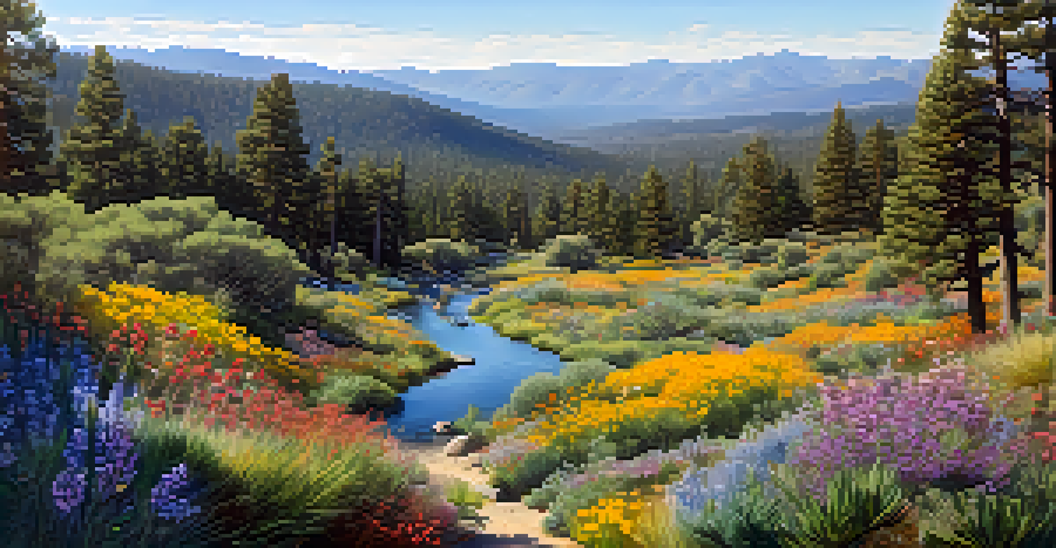 Aerial view of a restored native plant habitat in Big Bear, filled with wildflowers and a winding stream.