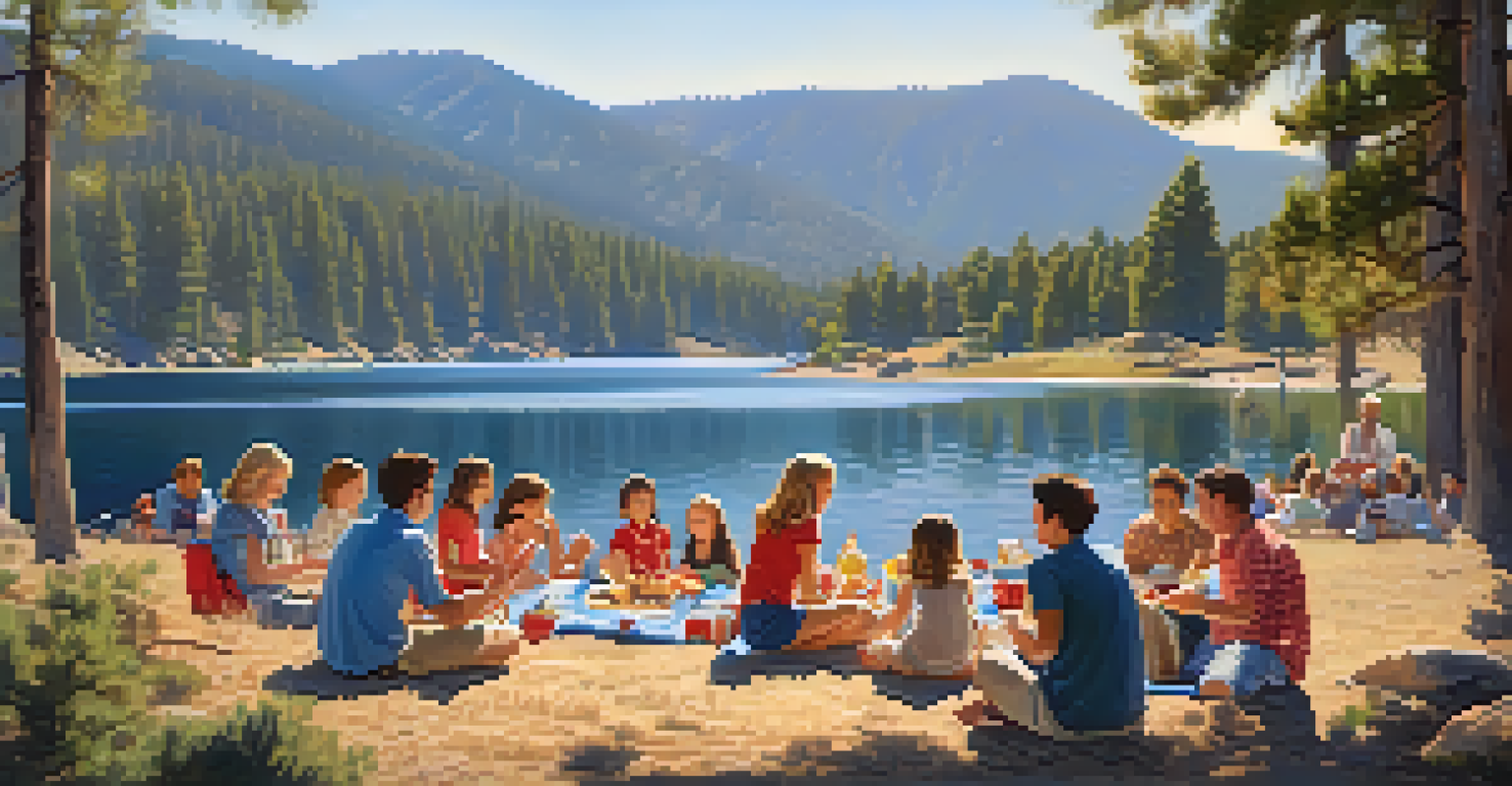 A cozy lakeside picnic scene during the Fourth of July with families enjoying food and the beautiful scenery.