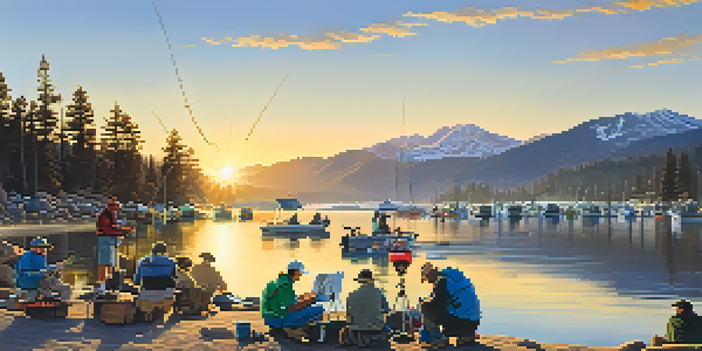 A picturesque early morning at Big Bear Lake with anglers setting up their fishing gear and the sun rising over the mountains.