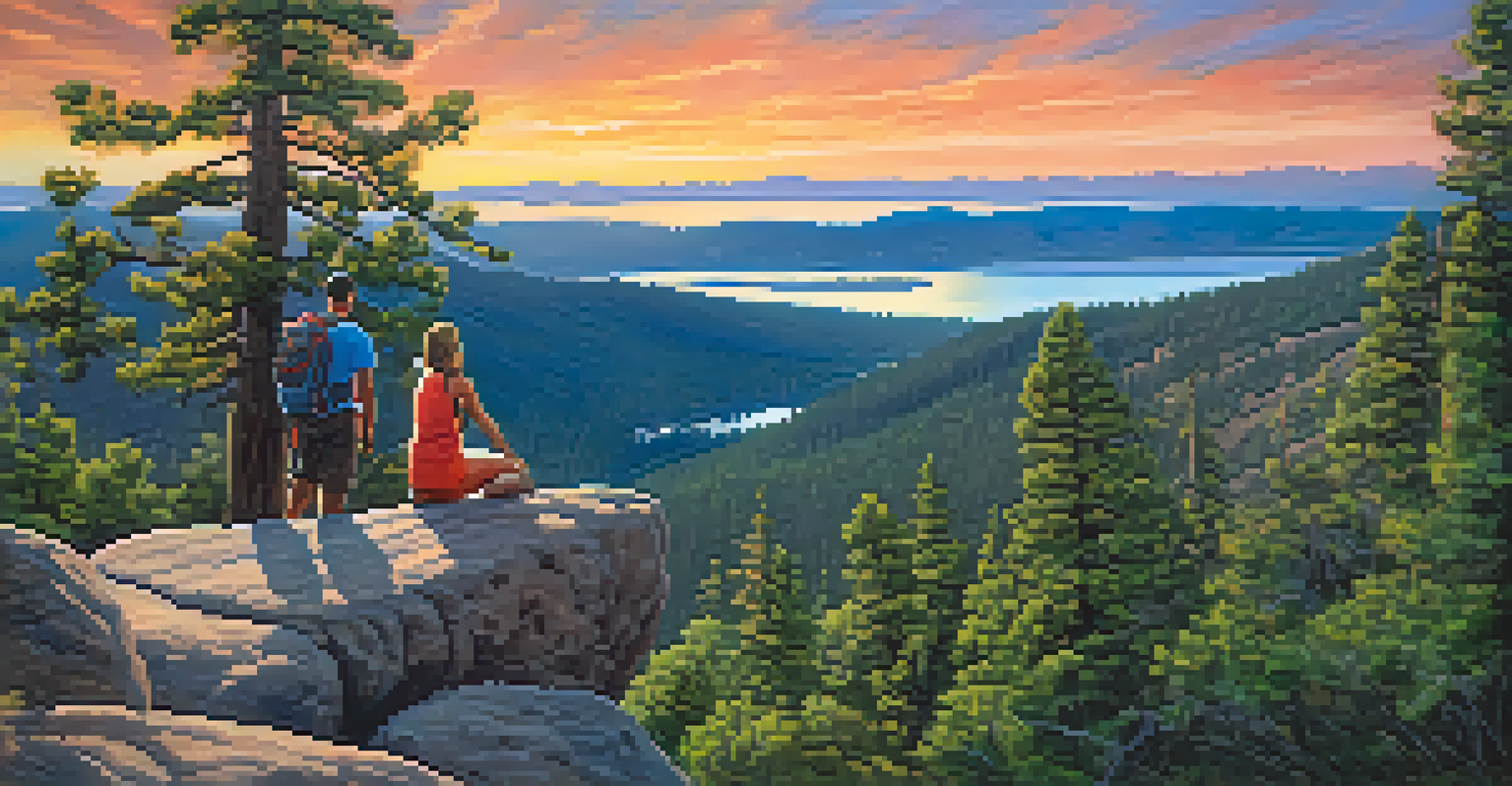 Couple at the summit of Castle Rock Trail with a stunning sunset view over Big Bear Lake.