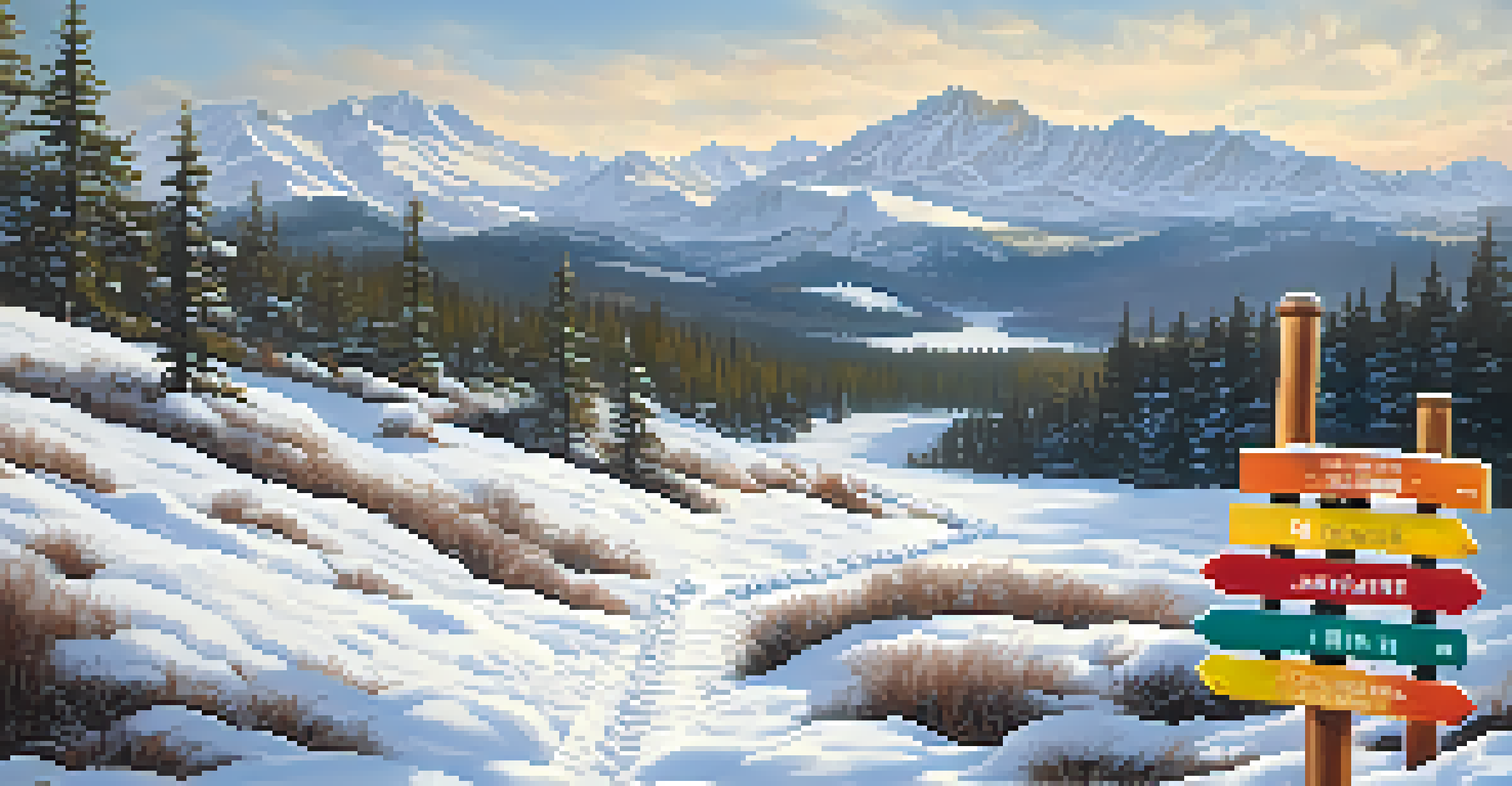 A snowy trail sign indicating difficulty levels, with a scenic background of snow-covered trees and mountains.