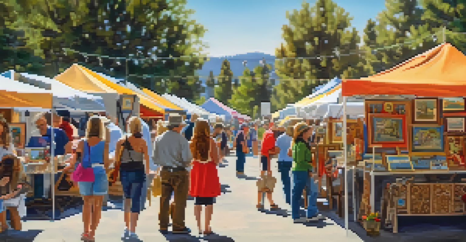 An arts and crafts festival scene with artisans showing handmade crafts, visitors interacting, and colorful booths under a sunny sky.