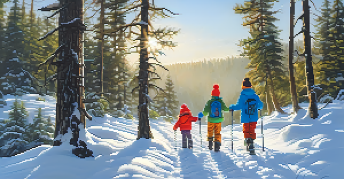 A family enjoying snowshoeing in a snowy forest, with tall pine trees and bright blue skies.