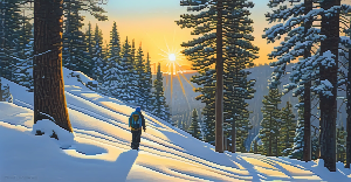 A hiker on a snowy trail in the Big Bear Mountains during sunset, surrounded by tall pine trees and glistening snow.