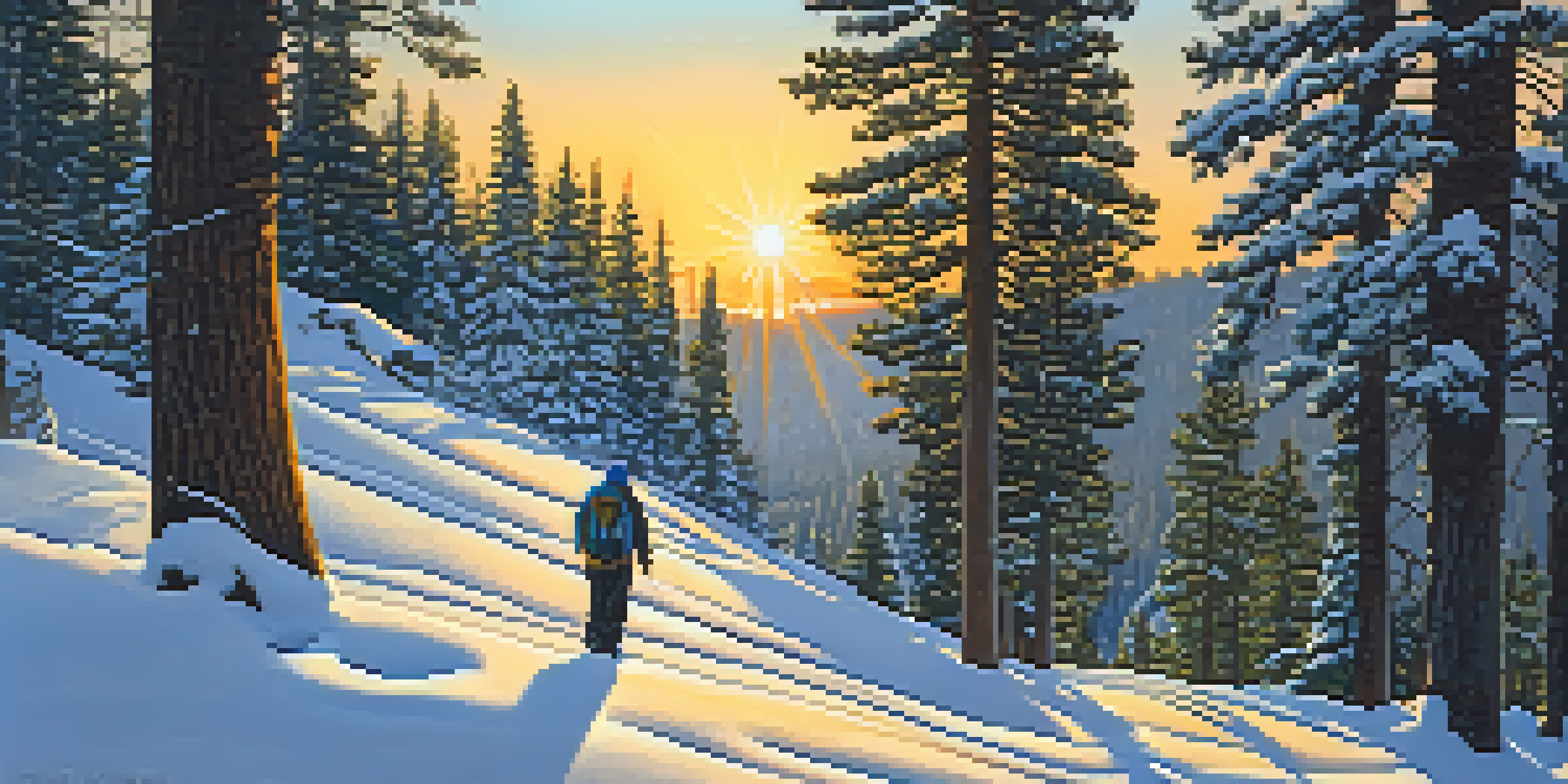 A hiker on a snowy trail in the Big Bear Mountains during sunset, surrounded by tall pine trees and glistening snow.