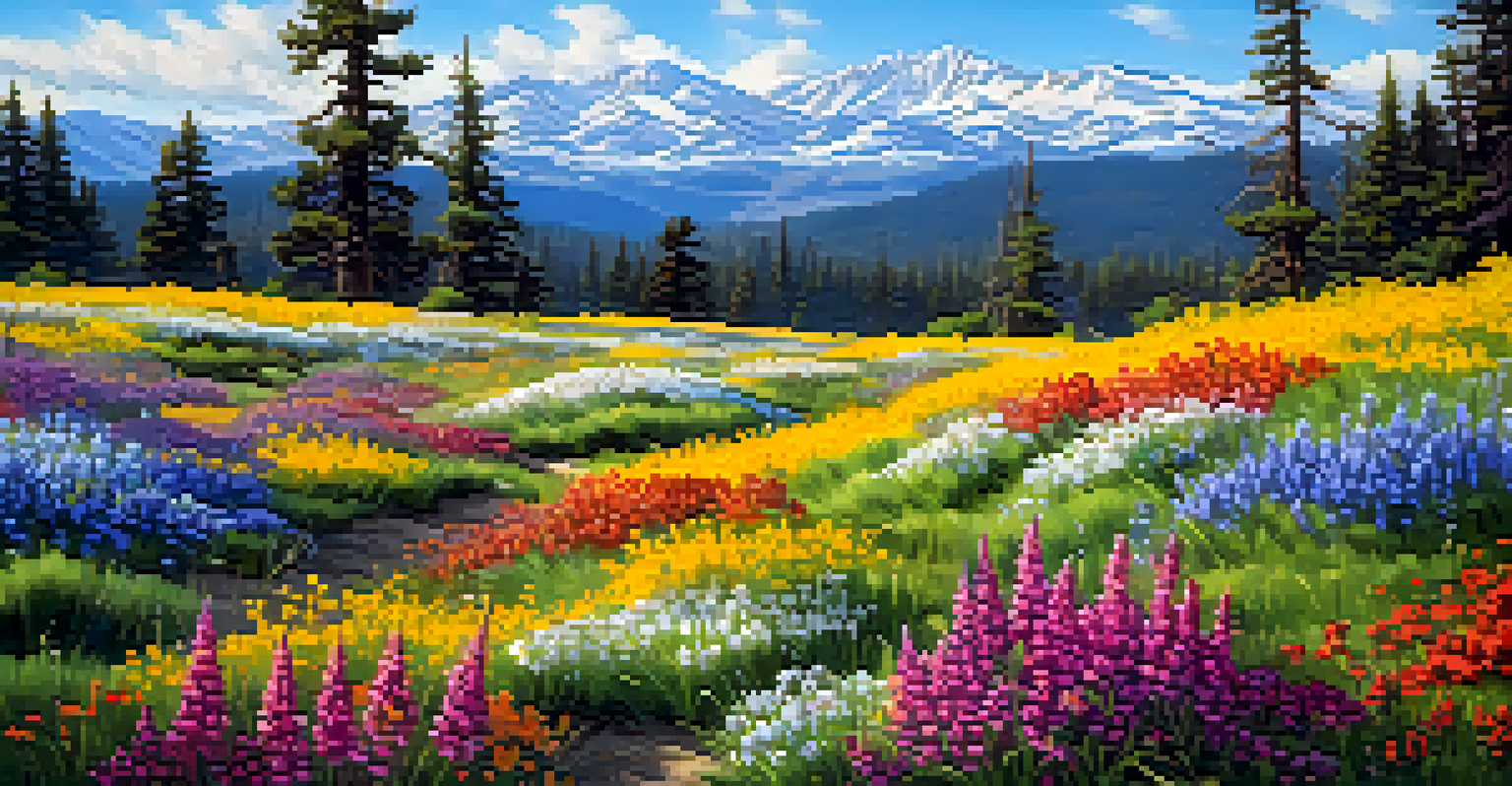 A colorful spring field filled with wildflowers and snow-capped mountains in the background.