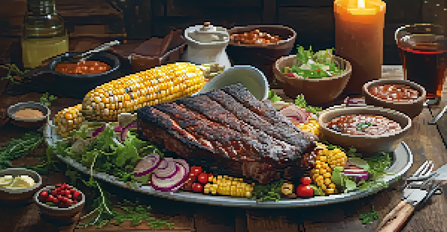 A close-up view of a BBQ platter featuring smoked ribs, grilled corn, and salad on a rustic wooden table.
