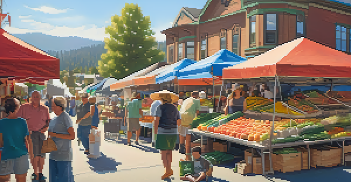 A lively farmers market in Big Bear with colorful stalls of fresh produce and handmade goods, featuring people enjoying the community atmosphere.