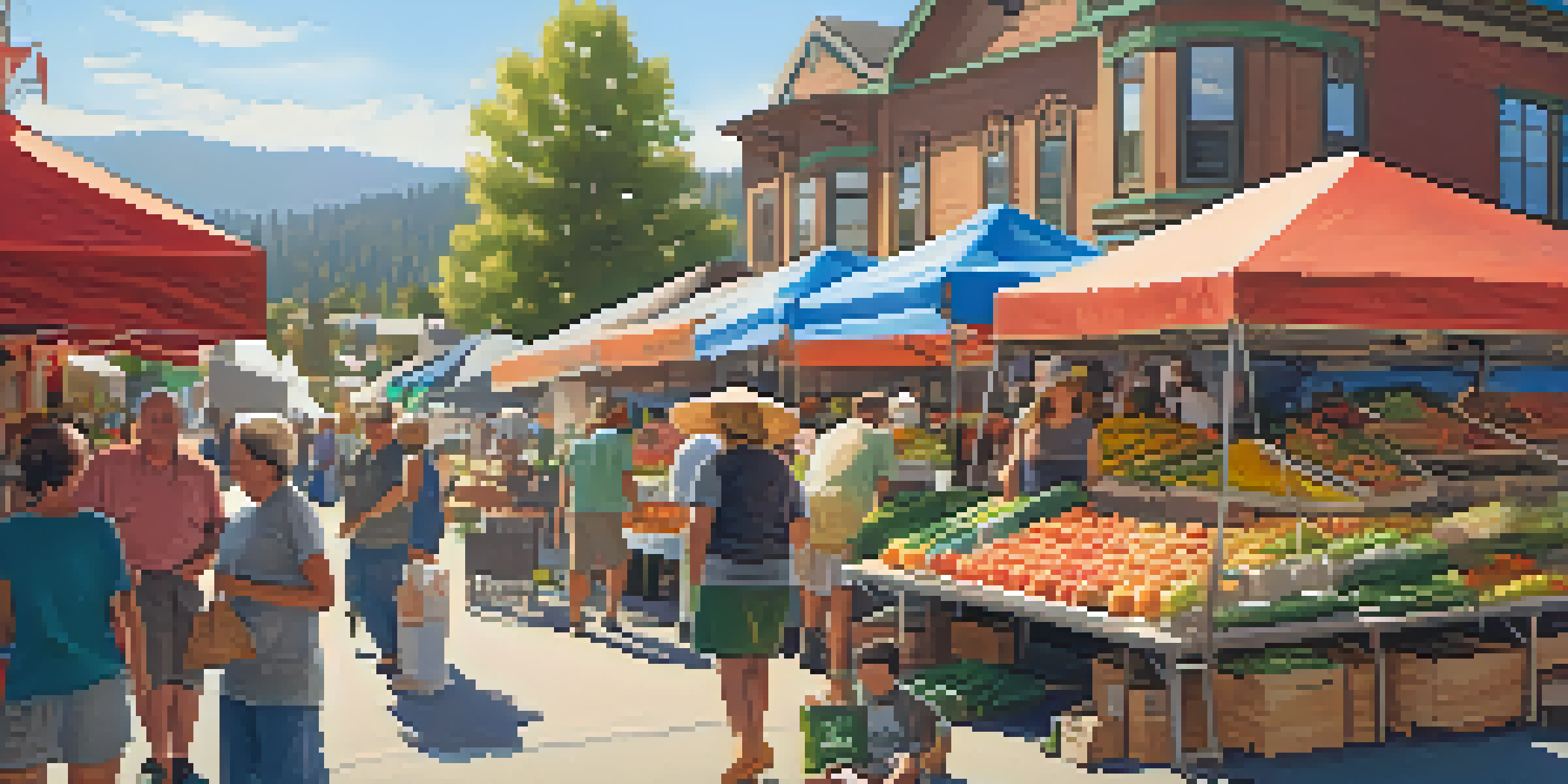A lively farmers market in Big Bear with colorful stalls of fresh produce and handmade goods, featuring people enjoying the community atmosphere.