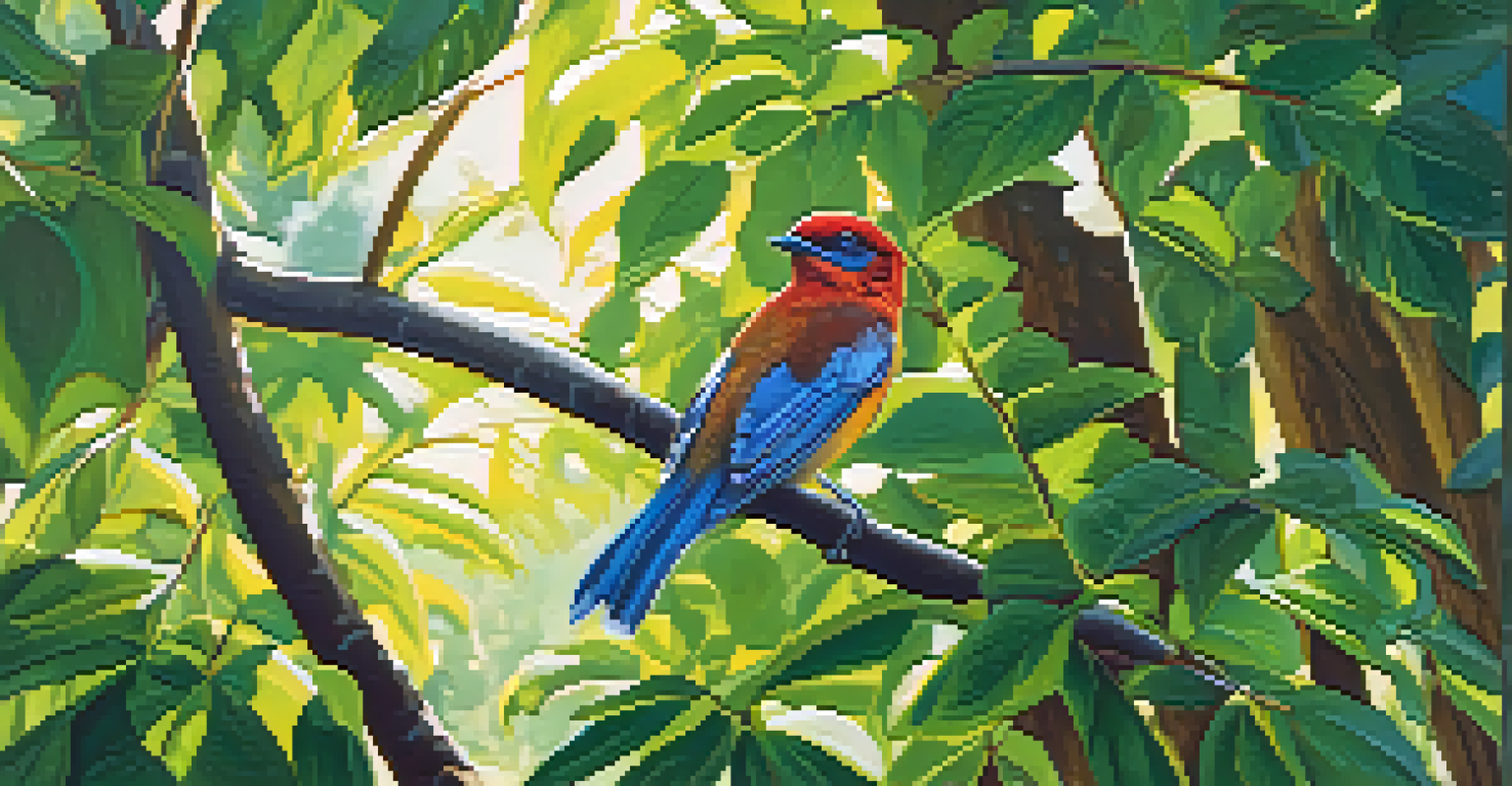 A vibrant bird sitting on a branch with sunlight filtering through the leaves.